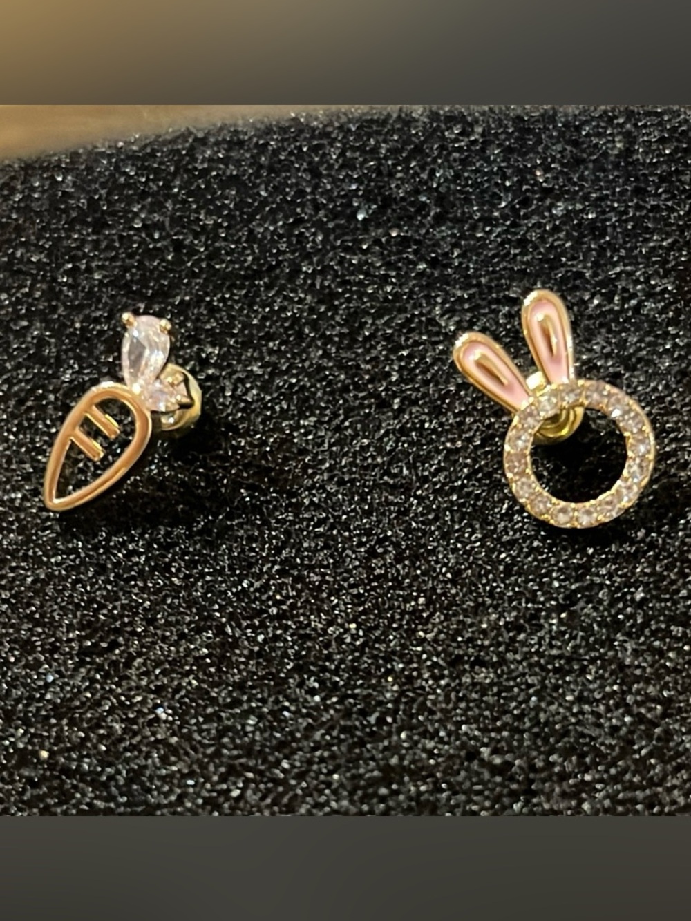 Gold Tone Pink Bunny and carrot Stud Earrings with Crystal Accents. New in box